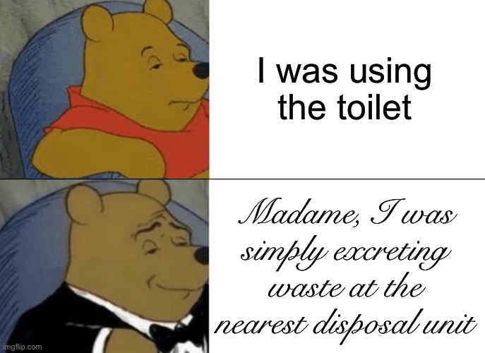 Teacher excuses | I was using the toilet; Madame, I was simply excreting waste at the nearest disposal unit | image tagged in memes,tuxedo winnie the pooh,funny | made w/ Imgflip meme maker