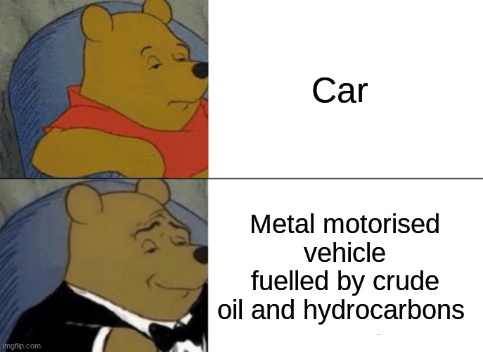 Car but fancy | Car; Metal motorised vehicle fuelled by crude oil and hydrocarbons | image tagged in memes,tuxedo winnie the pooh | made w/ Imgflip meme maker