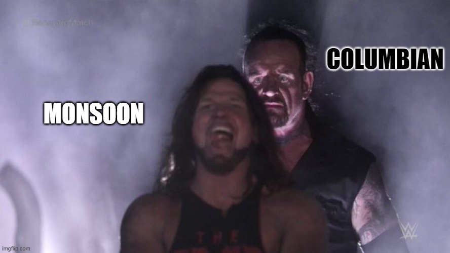 AJ Styles & Undertaker | COLUMBIAN; MONSOON | image tagged in aj styles undertaker | made w/ Imgflip meme maker