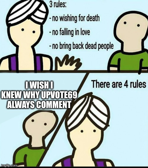 so true | I WISH I KNEW WHY UPVOTE69 ALWAYS COMMENT | image tagged in 3 rules,why | made w/ Imgflip meme maker