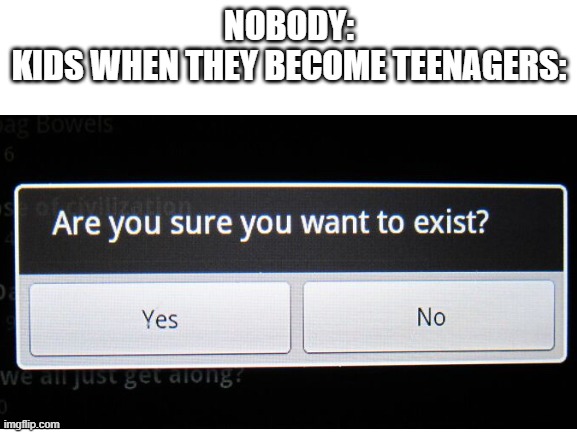 0000000000000000000 | NOBODY:
KIDS WHEN THEY BECOME TEENAGERS: | image tagged in no tags | made w/ Imgflip meme maker