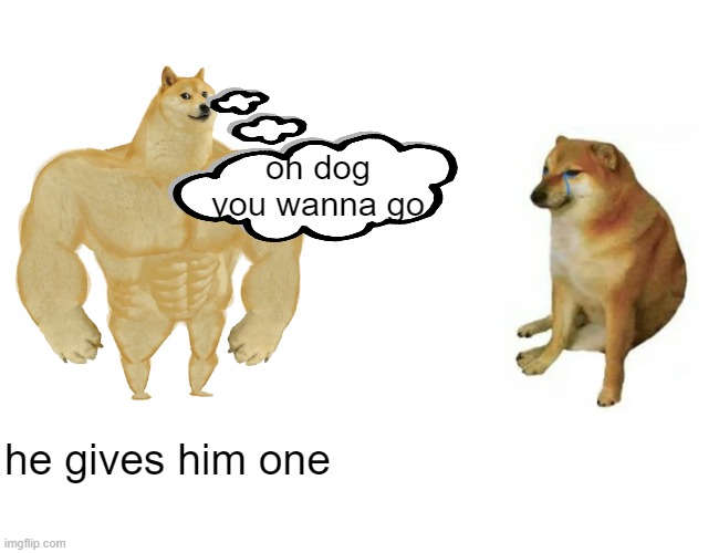 cry | oh dog you wanna go; he gives him one | image tagged in memes,buff doge vs cheems | made w/ Imgflip meme maker