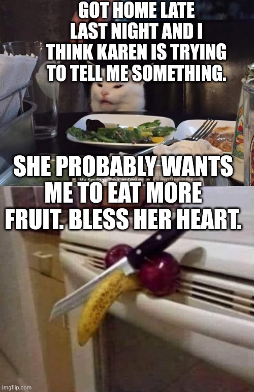 GOT HOME LATE LAST NIGHT AND I THINK KAREN IS TRYING TO TELL ME SOMETHING. SHE PROBABLY WANTS ME TO EAT MORE FRUIT. BLESS HER HEART. | image tagged in smudge the cat,funny memes | made w/ Imgflip meme maker