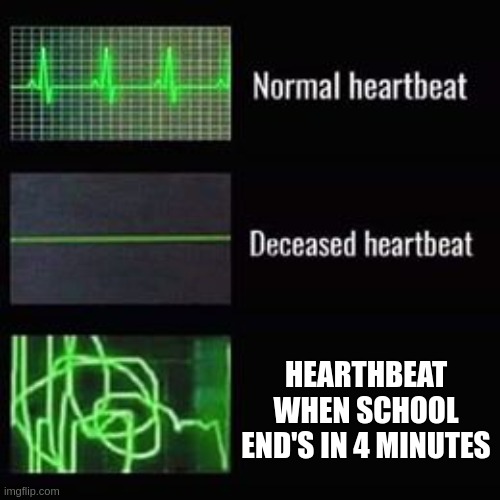 I want home |  HEARTHBEAT WHEN SCHOOL END'S IN 4 MINUTES | image tagged in heartbeat rate | made w/ Imgflip meme maker