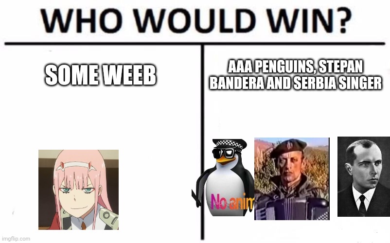 Who Would Win? | SOME WEEB; AAA PENGUINS, STEPAN BANDERA AND SERBIA SINGER | image tagged in memes,who would win | made w/ Imgflip meme maker