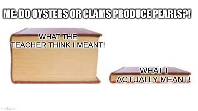 Teacher though v student meant! | ME: DO OYSTERS OR CLAMS PRODUCE PEARLS?! WHAT THE TEACHER THINK I MEANT! WHAT I ACTUALLY MEANT! | image tagged in big book small book | made w/ Imgflip meme maker
