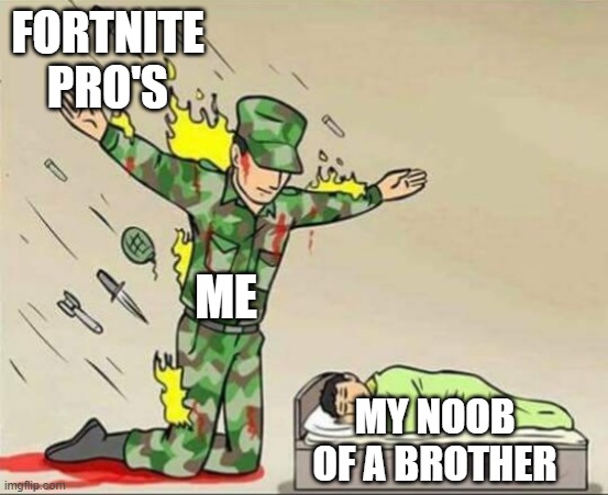 Soldier protecting sleeping child | FORTNITE PRO'S; ME; MY NOOB OF A BROTHER | image tagged in soldier protecting sleeping child | made w/ Imgflip meme maker