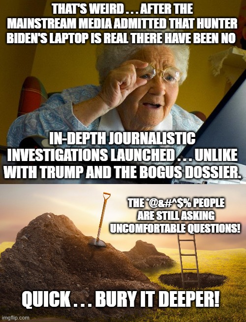 Yep . . . pretty much. | THAT'S WEIRD . . . AFTER THE MAINSTREAM MEDIA ADMITTED THAT HUNTER BIDEN'S LAPTOP IS REAL THERE HAVE BEEN NO; IN-DEPTH JOURNALISTIC INVESTIGATIONS LAUNCHED . . . UNLIKE WITH TRUMP AND THE BOGUS DOSSIER. THE *@&#^$% PEOPLE ARE STILL ASKING UNCOMFORTABLE QUESTIONS! QUICK . . . BURY IT DEEPER! | image tagged in grandma finds the internet | made w/ Imgflip meme maker