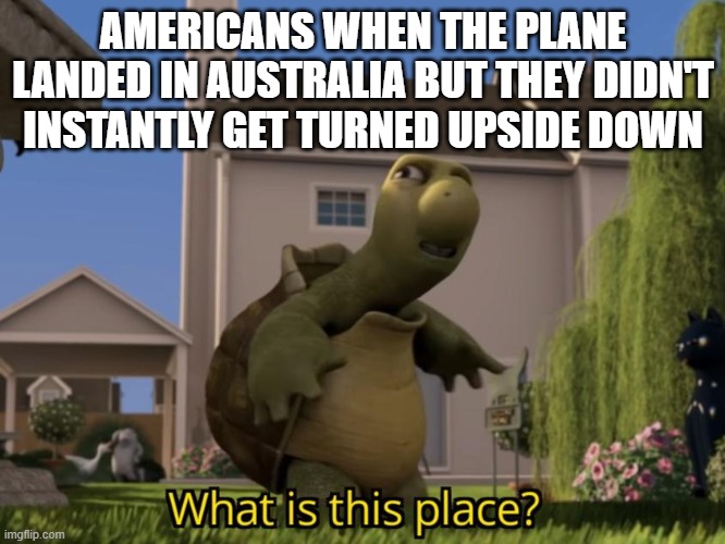 'straya, mate |  AMERICANS WHEN THE PLANE LANDED IN AUSTRALIA BUT THEY DIDN'T INSTANTLY GET TURNED UPSIDE DOWN | image tagged in what is this place | made w/ Imgflip meme maker
