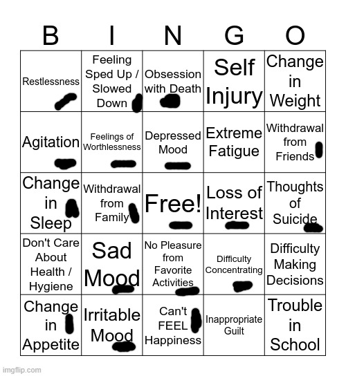 Oh good, I have depression :,) | image tagged in depression bingo 1 | made w/ Imgflip meme maker