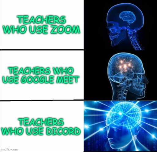 old meme, i know, i know | TEACHERS WHO USE ZOOM; TEACHERS WHO USE GOOGLE MEET; TEACHERS WHO USE DICORD | image tagged in galaxy brain 3 brains,teachers | made w/ Imgflip meme maker