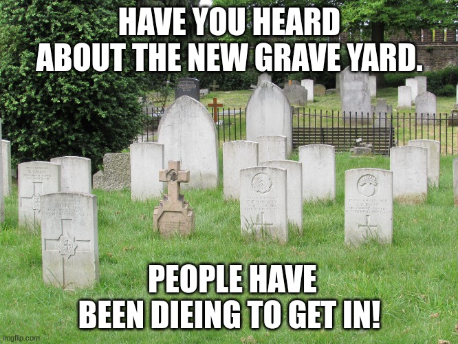 Grave yard | HAVE YOU HEARD ABOUT THE NEW GRAVE YARD. PEOPLE HAVE BEEN DIEING TO GET IN! | image tagged in grave yard | made w/ Imgflip meme maker