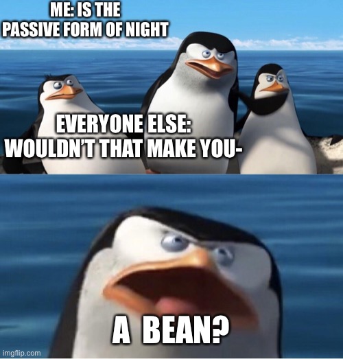 No bean | ME: IS THE PASSIVE FORM OF NIGHT; EVERYONE ELSE: WOULDN’T THAT MAKE YOU-; A  BEAN? | image tagged in wouldn't that make you,help,noot noot | made w/ Imgflip meme maker