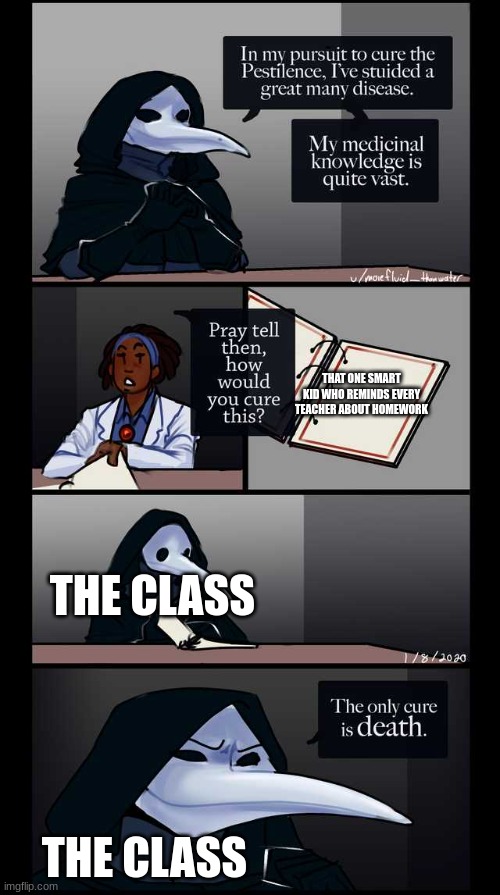 Scp-49 The only cure is death | THAT ONE SMART KID WHO REMINDS EVERY TEACHER ABOUT HOMEWORK; THE CLASS; THE CLASS | image tagged in scp-49 the only cure is death | made w/ Imgflip meme maker