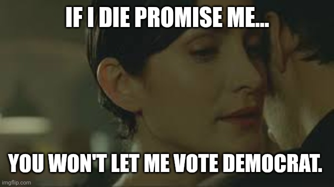 I promise. | IF I DIE PROMISE ME... YOU WON'T LET ME VOTE DEMOCRAT. | image tagged in trinity whisper | made w/ Imgflip meme maker
