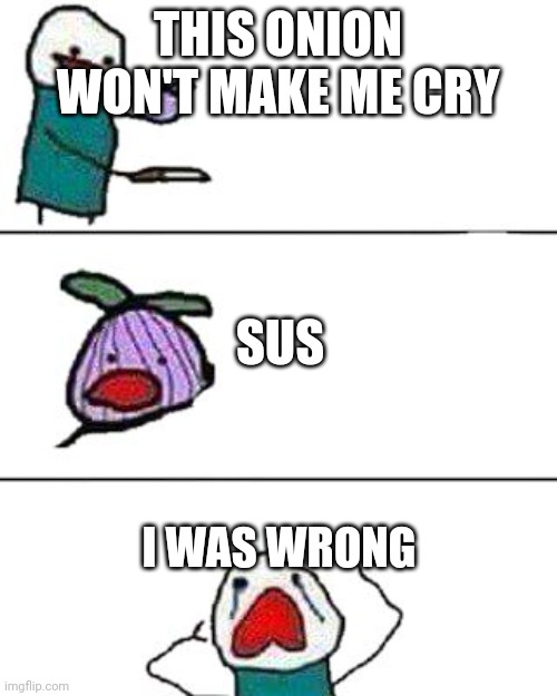 this onion won't make me cry | THIS ONION WON'T MAKE ME CRY; SUS; I WAS WRONG | image tagged in this onion won't make me cry,memes | made w/ Imgflip meme maker