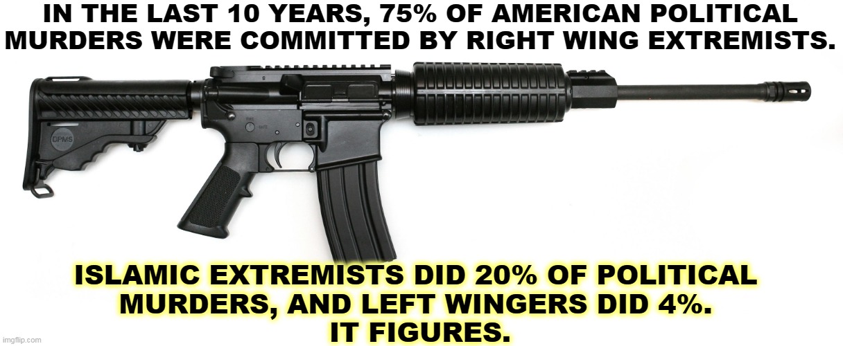 Terrorism in America. | IN THE LAST 10 YEARS, 75% OF AMERICAN POLITICAL MURDERS WERE COMMITTED BY RIGHT WING EXTREMISTS. ISLAMIC EXTREMISTS DID 20% OF POLITICAL 
MURDERS, AND LEFT WINGERS DID 4%. 
IT FIGURES. | image tagged in ar 15,american,political,murder,right wing | made w/ Imgflip meme maker