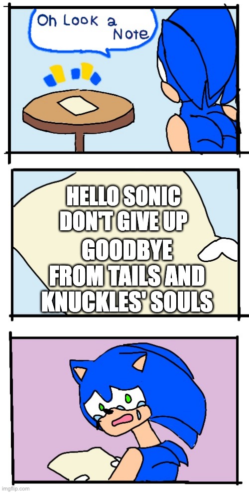 Sonic.exe Nightmare Beginning in a nutshell be like | HELLO SONIC
DON'T GIVE UP; GOODBYE FROM TAILS AND KNUCKLES' SOULS | image tagged in sad sonic | made w/ Imgflip meme maker