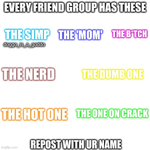repost in this stream and tag me | EVERY FRIEND GROUP HAS THESE; THE B*TCH; THE SIMP; THE 'MOM'; doggo_is_a_goddo; THE NERD; THE DUMB ONE; THE ONE ON CRACK; THE HOT ONE; REPOST WITH UR NAME | image tagged in funny,memes | made w/ Imgflip meme maker
