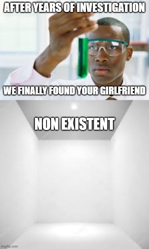 THAT WAS UGLY | AFTER YEARS OF INVESTIGATION; WE FINALLY FOUND YOUR GIRLFRIEND; NON EXISTENT | image tagged in finally | made w/ Imgflip meme maker