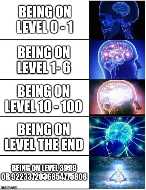 Brain explanied with backrooms levels | BEING ON LEVEL 0 - 1; BEING ON LEVEL 1- 6; BEING ON LEVEL 10 - 100; BEING ON LEVEL THE END; BEING ON LEVEL 3999 OR 9223372036854775808 | image tagged in expanding brain 5 panel | made w/ Imgflip meme maker