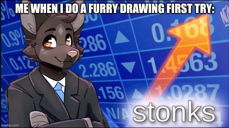 I usually make a lot of mistakes when drawing | ME WHEN I DO A FURRY DRAWING FIRST TRY: | image tagged in furry stonks | made w/ Imgflip meme maker