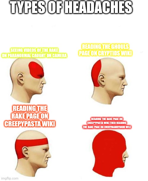 types of headache | TYPES OF HEADACHES; READING THE GHOULS PAGE ON CRYPTIDS WIKI; SEEING VIDEOS OF THE RAKE ON PARANORMAL CAUGHT ON CAMERA; READING THE RAKE PAGE ON CREEPYPASTA WIKI; READING THE RAKE PAGE ON CREEPYPASTA WIKI THEN READING THE RAKE PAGE ON EVERYMANHYBRID WILI | image tagged in types of headache | made w/ Imgflip meme maker