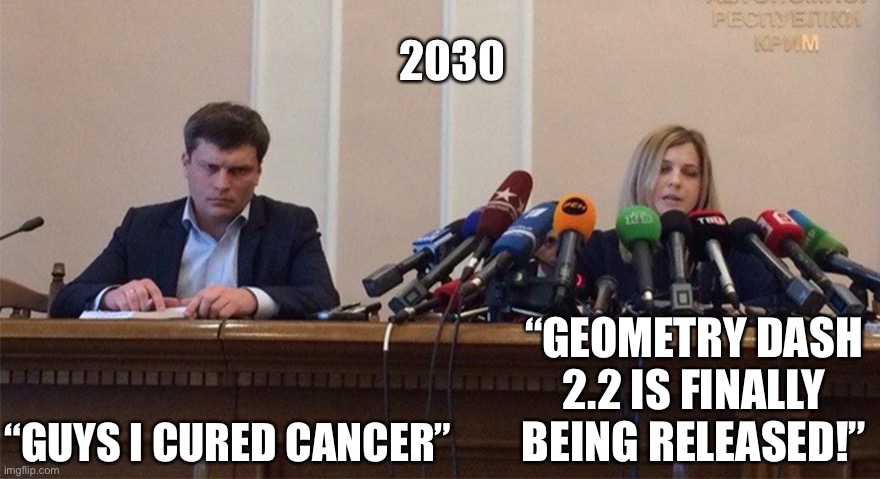 Man and woman microphone | 2030; “GEOMETRY DASH 2.2 IS FINALLY BEING RELEASED!”; “GUYS I CURED CANCER” | image tagged in man and woman microphone | made w/ Imgflip meme maker
