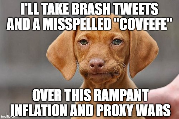 Umm dog | I'LL TAKE BRASH TWEETS AND A MISSPELLED "COVFEFE"; OVER THIS RAMPANT INFLATION AND PROXY WARS | image tagged in umm dog | made w/ Imgflip meme maker