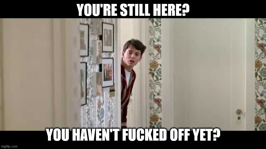 Ferris Bueller - Still here? | YOU'RE STILL HERE? YOU HAVEN'T FUCKED OFF YET? | image tagged in ferris bueller robe | made w/ Imgflip meme maker