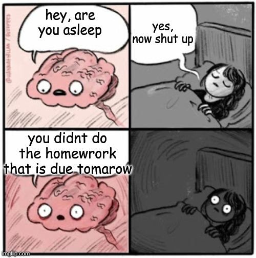 homework | yes, now shut up; hey, are you asleep; you didn't do the homework that is due tomorrow | image tagged in brain before sleep | made w/ Imgflip meme maker