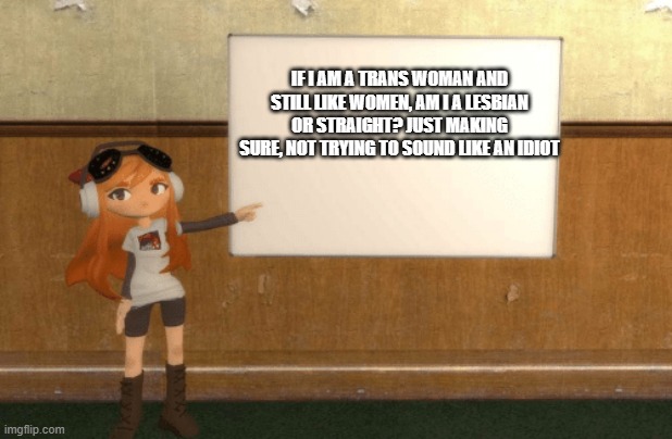 SMG4s Meggy pointing at board | IF I AM A TRANS WOMAN AND STILL LIKE WOMEN, AM I A LESBIAN OR STRAIGHT? JUST MAKING SURE, NOT TRYING TO SOUND LIKE AN IDIOT | image tagged in smg4s meggy pointing at board | made w/ Imgflip meme maker