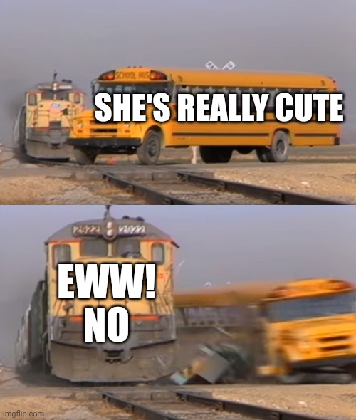A train hitting a school bus |  SHE'S REALLY CUTE; EWW! NO | image tagged in a train hitting a school bus | made w/ Imgflip meme maker