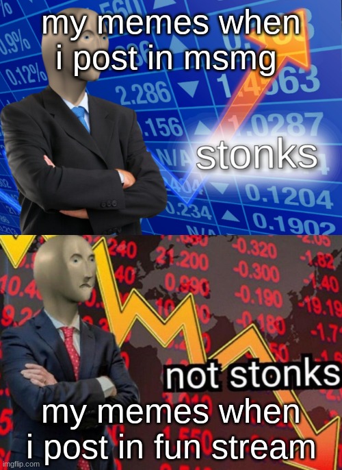 Stonks not stonks | my memes when i post in msmg; my memes when i post in fun stream | image tagged in stonks not stonks | made w/ Imgflip meme maker