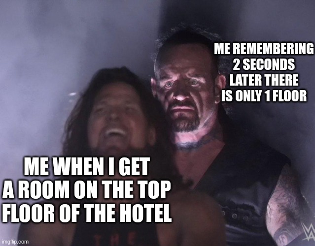 When You Get The Top Floor At The Hotel | ME REMEMBERING 2 SECONDS LATER THERE IS ONLY 1 FLOOR; ME WHEN I GET A ROOM ON THE TOP FLOOR OF THE HOTEL | image tagged in undertaker | made w/ Imgflip meme maker