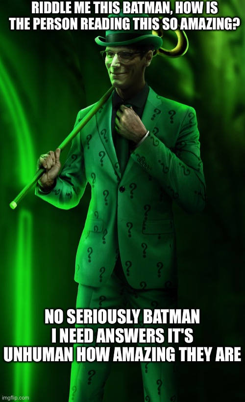 No seriously batman | RIDDLE ME THIS BATMAN, HOW IS THE PERSON READING THIS SO AMAZING? NO SERIOUSLY BATMAN I NEED ANSWERS IT'S UNHUMAN HOW AMAZING THEY ARE | image tagged in riddle me this batman,wholesome | made w/ Imgflip meme maker