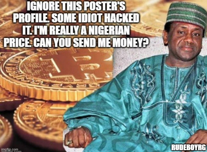 Nigerian Price Hacked Profile | RUDEBOYRG | image tagged in nigerian prince,hacked profile | made w/ Imgflip meme maker