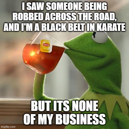 But That's None Of My Business |  I SAW SOMEONE BEING ROBBED ACROSS THE ROAD, AND I'M A BLACK BELT IN KARATE; BUT ITS NONE OF MY BUSINESS | image tagged in memes,but that's none of my business,kermit the frog,fun,funny,funny meme | made w/ Imgflip meme maker