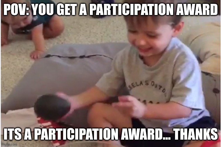 POV: you get a participation award | POV: YOU GET A PARTICIPATION AWARD; ITS A PARTICIPATION AWARD... THANKS | image tagged in it's an avocado thanks | made w/ Imgflip meme maker