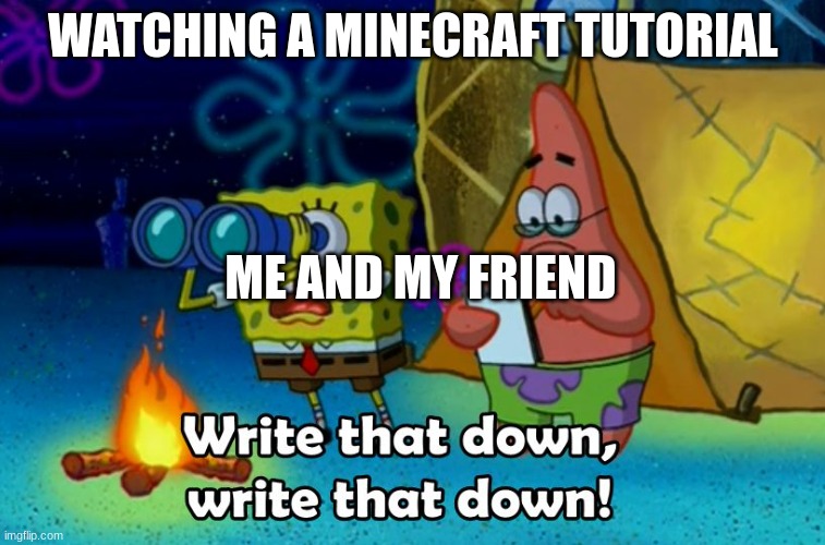 why they go so fast | WATCHING A MINECRAFT TUTORIAL; ME AND MY FRIEND | image tagged in write that down | made w/ Imgflip meme maker