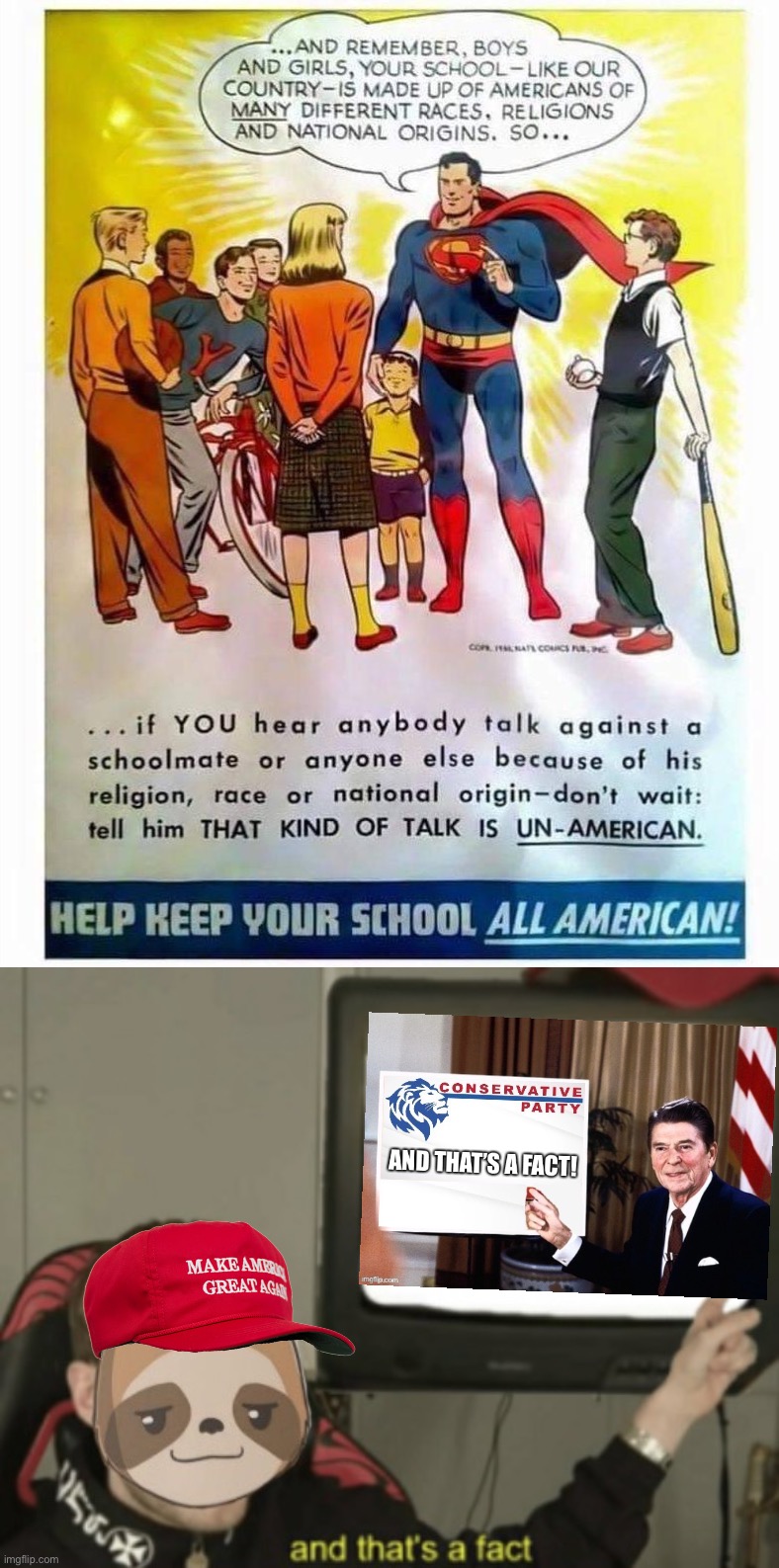 Down with Anglophobia! #WWSMD #VoteConservativeParty | image tagged in 1950s anti-racist superman,sloth and that s a fact,superman,anglophobia,conservative party,vote conservative party | made w/ Imgflip meme maker
