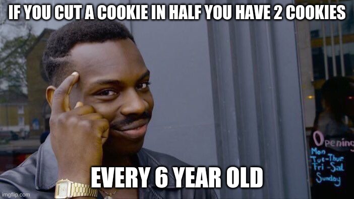 Roll Safe Think About It |  IF YOU CUT A COOKIE IN HALF YOU HAVE 2 COOKIES; EVERY 6 YEAR OLD | image tagged in memes,roll safe think about it | made w/ Imgflip meme maker