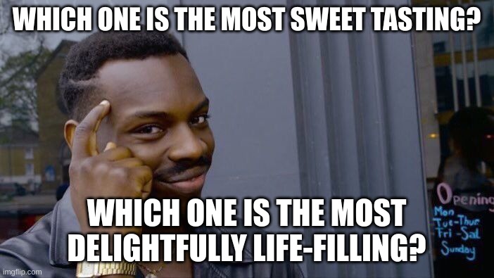 Roll Safe Think About It Meme | WHICH ONE IS THE MOST SWEET TASTING? WHICH ONE IS THE MOST DELIGHTFULLY LIFE-FILLING? | image tagged in memes,roll safe think about it | made w/ Imgflip meme maker