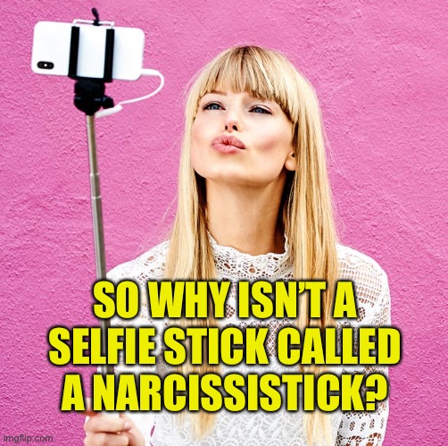 Selfie | SO WHY ISN’T A SELFIE STICK CALLED A NARCISSISTICK? | image tagged in selfie | made w/ Imgflip meme maker