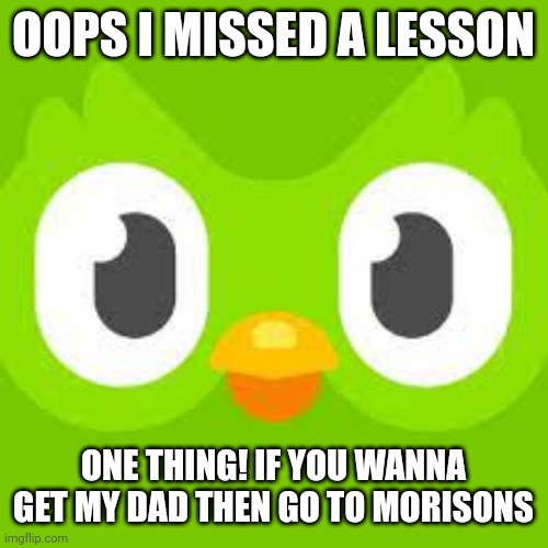 Duolingo | OOPS I MISSED A LESSON; ONE THING! IF YOU WANNA GET MY DAD THEN GO TO MORISONS | image tagged in duolingo | made w/ Imgflip meme maker