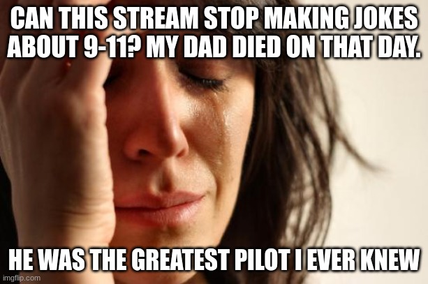 no comment | CAN THIS STREAM STOP MAKING JOKES ABOUT 9-11? MY DAD DIED ON THAT DAY. HE WAS THE GREATEST PILOT I EVER KNEW | image tagged in memes,first world problems | made w/ Imgflip meme maker
