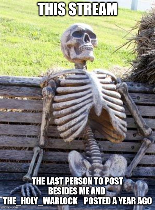 Waiting Skeleton |  THIS STREAM; THE LAST PERSON TO POST BESIDES ME AND  THE_HOLY_WARLOCK    POSTED A YEAR AGO | image tagged in memes,waiting skeleton | made w/ Imgflip meme maker