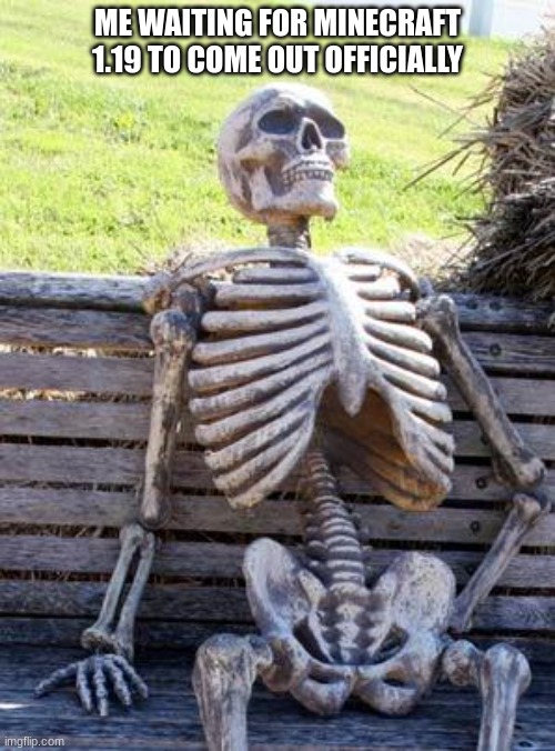 Waiting Skeleton | ME WAITING FOR MINECRAFT 1.19 TO COME OUT OFFICIALLY | image tagged in memes,waiting skeleton | made w/ Imgflip meme maker