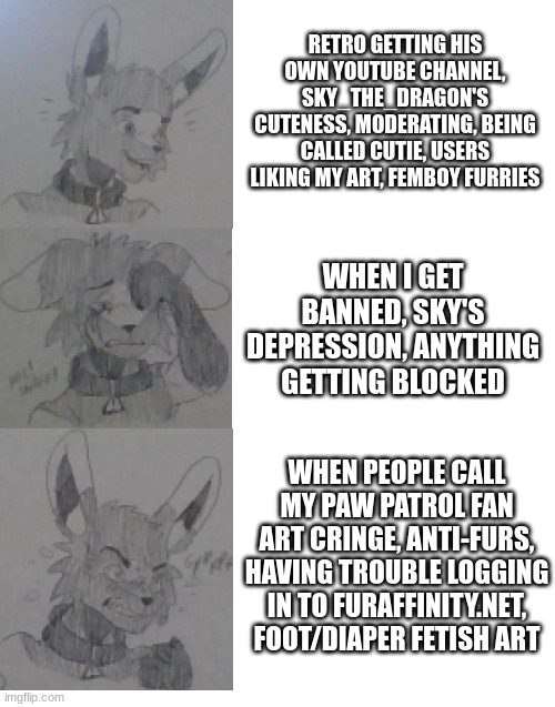 Happy Hazard, Sad Hazard, Angry Hazard (My emotions on what happens on Furries-Stream) |  RETRO GETTING HIS OWN YOUTUBE CHANNEL, SKY_THE_DRAGON'S CUTENESS, MODERATING, BEING CALLED CUTIE, USERS LIKING MY ART, FEMBOY FURRIES; WHEN I GET BANNED, SKY'S DEPRESSION, ANYTHING GETTING BLOCKED; WHEN PEOPLE CALL MY PAW PATROL FAN ART CRINGE, ANTI-FURS, HAVING TROUBLE LOGGING IN TO FURAFFINITY.NET, FOOT/DIAPER FETISH ART | image tagged in blank white template,furry,happy,sad,angry,art | made w/ Imgflip meme maker