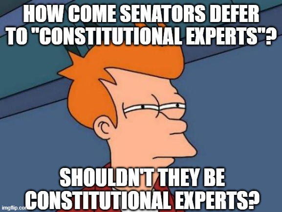 Futurama Fry | HOW COME SENATORS DEFER TO "CONSTITUTIONAL EXPERTS"? SHOULDN'T THEY BE CONSTITUTIONAL EXPERTS? | image tagged in memes,futurama fry | made w/ Imgflip meme maker